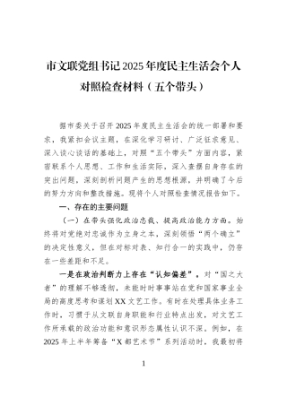 市文联党组书记2025年度民主生活会个人对照检查材料（五个带头）