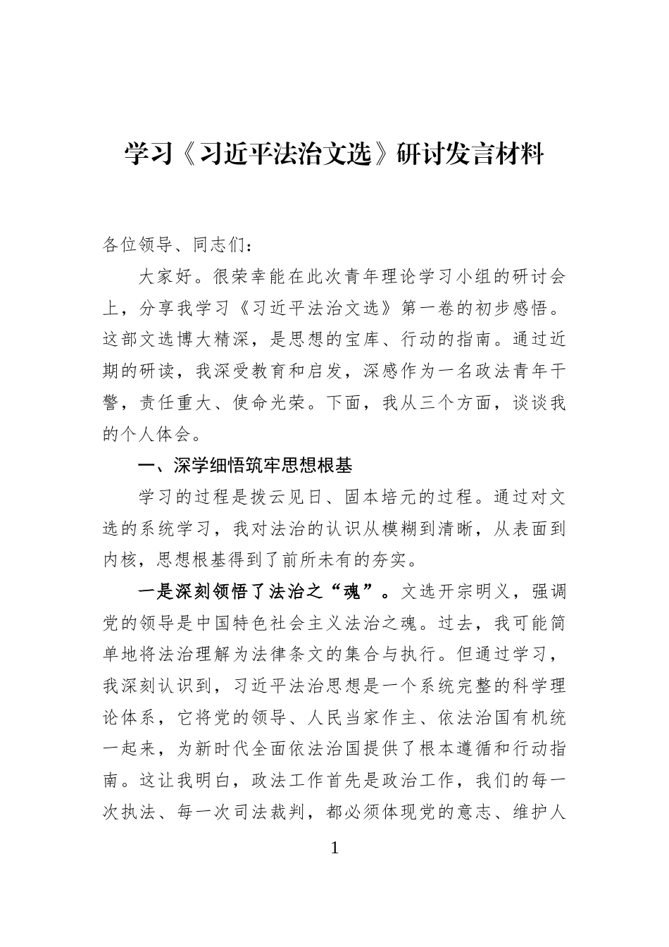 学习《习近平法治文选》研讨发言材料_第1页