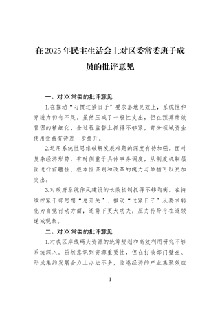 在2025年民主生活会上对区委常委班子成员的批评意见