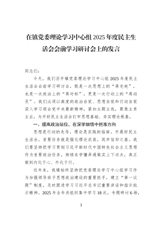 在镇党委理论学习中心组2025年度民主生活会会前学习研讨会上的发言
