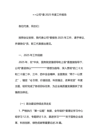 公司党委2025年度工作报告