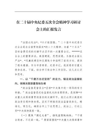 在二十届中央纪委五次全会精神学习研讨会上的汇报发言