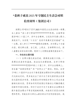 班子成员2025年专题民主生活会对照检查材料（集团公司）