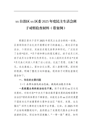 自治区XX区委2025年度民主生活会班子对照检查材料（带案例）
