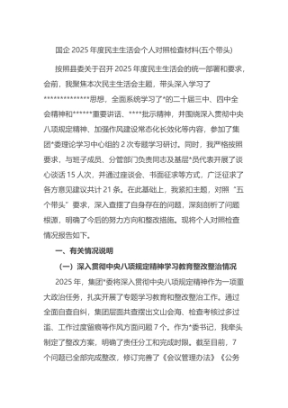 国企2025年度民主生活会个人对照检查材料(五个带头)