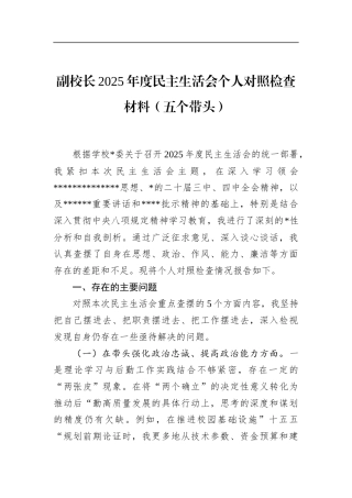 副校长2025年度民主生活会个人对照检查材料（五个带头）