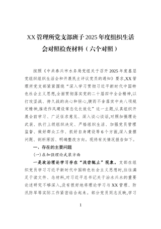 XX管理所党支部班子2025年度组织生活会对照检查材料（六个对照）