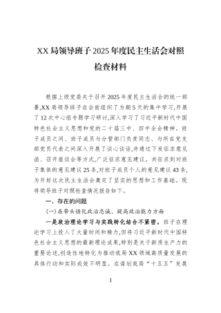 XX局领导班子2025年度民主生活会对照检查材料