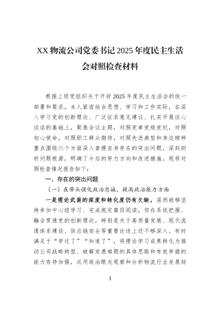 XX物流公司党委书记2025年度民主生活会对照检查材料