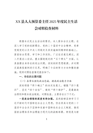 XX县人大预算委主任2025年度民主生活会对照检查材料