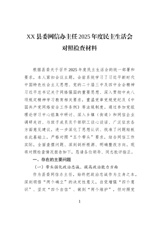 XX县委网信办主任2025年度民主生活会对照检查材料