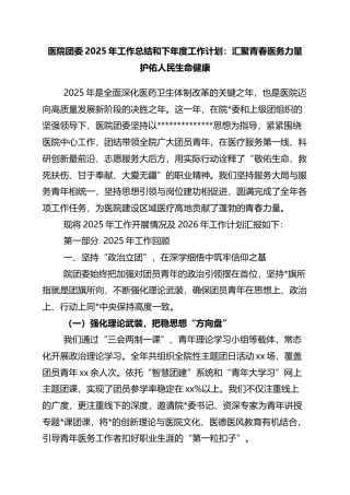 医院团委2025年工作总结和下年度工作计划：汇聚青春医务力量+护佑人民生命健康
