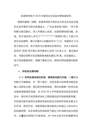 区委领导班子2025年度民主生活会对照检查材料