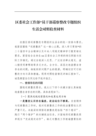 区委社会工作部党员干部巡察整改专题组织生活会对照检查材料