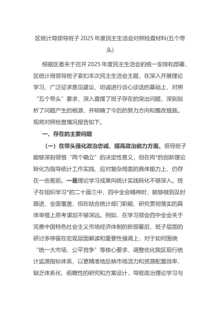 区统计局领导班子2025年度民主生活会对照检查材料(五个带头)