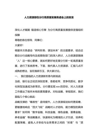 人力资源部在分行高质量发展务虚会上的发言