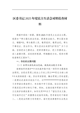 区委书记2025年度民主生活会对照检查材料