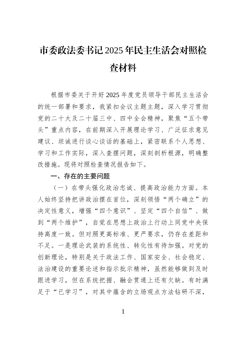 市委政法委书记2025年民主生活会对照检查材料_第1页