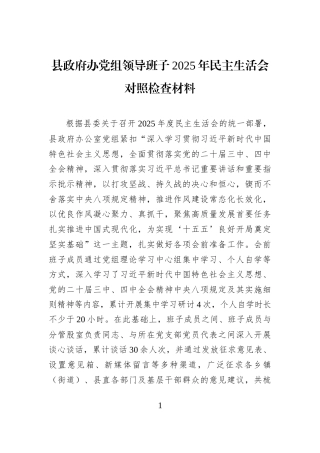 县政府办党组领导班子2025年民主生活会对照检查材料