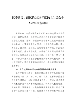 区委常委、副区长2025年度民主生活会个人对照检查材料