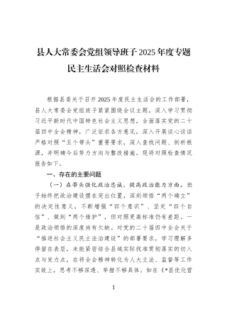 县人大常委会党组领导班子2025年度专题民主生活会对照检查材料