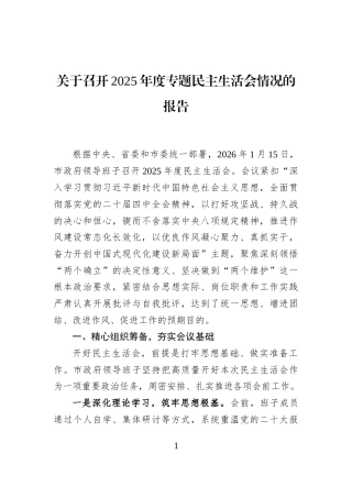 关于召开2025年度专题民主生活会情况的报告