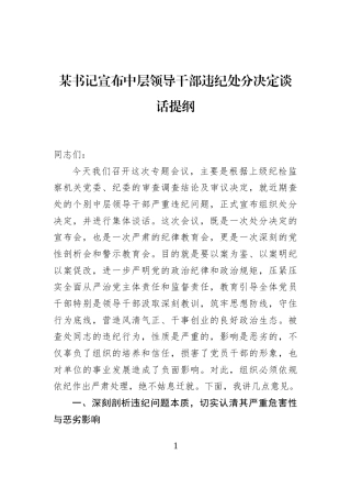 某书记宣布中层领导干部违纪处分决定谈话提纲