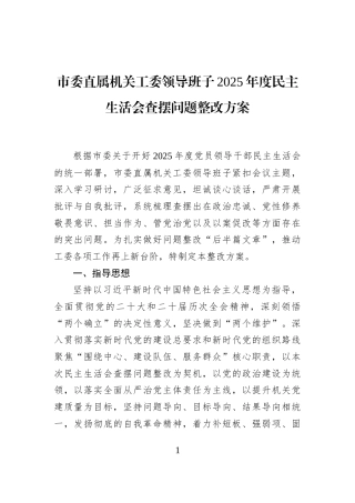 市委直属机关工委领导班子2025年度民主生活会查摆问题整改方案