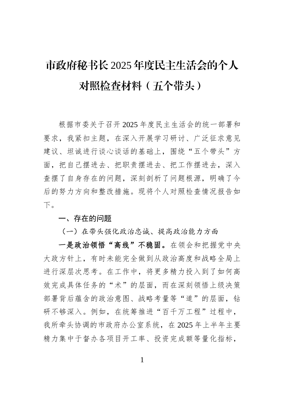 市政府秘书长2025年度民主生活会的个人对照检查材料（五个带头）_第1页
