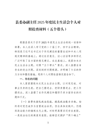 县委办副主任2025年度民主生活会个人对照检查材料（五个带头）