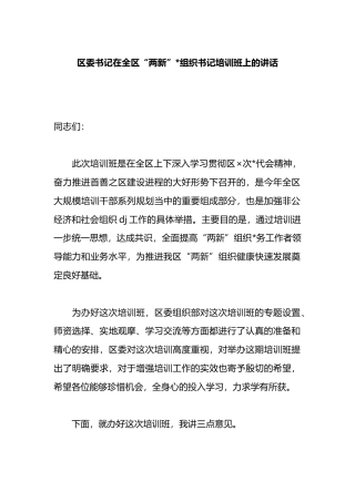 区委书记在全区“两新”党组织书记培训班上的讲话