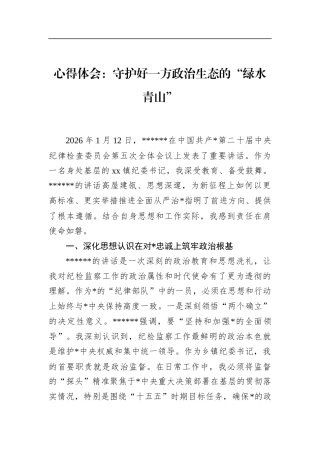 心得体会：守护好一方政治生态的“绿水青山”
