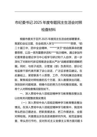 市纪委书记2025年度专题民主生活会对照检查材料