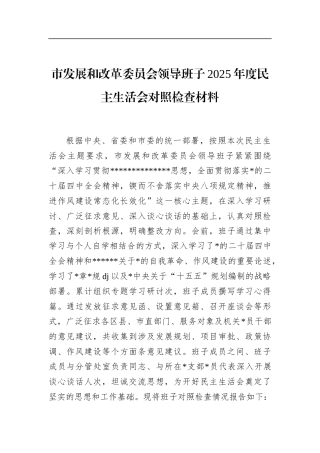 市发展和改革委员会领导班子2025年度民主生活会对照检查材料