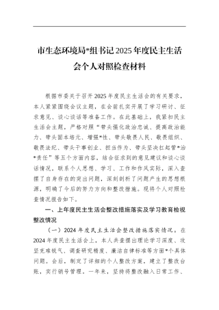 市生态环境局书记2025年度民主生活会个人对照检查材料