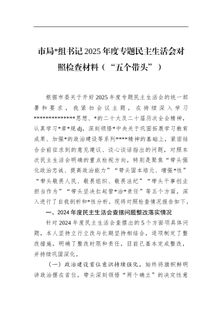 市局书记2025年度专题民主生活会对照检查材料（“五个带头”）