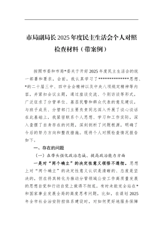 市局副局长2025年度民主生活会个人对照检查材料（带案例）