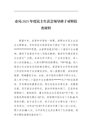 市局2025年度民主生活会领导班子对照检查材料