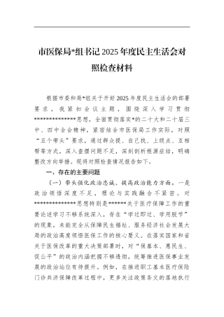 市医保局书记2025年度民主生活会对照检查材料