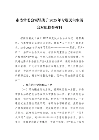 市委常委会领导班子2025年专题民主生活会对照检查材料