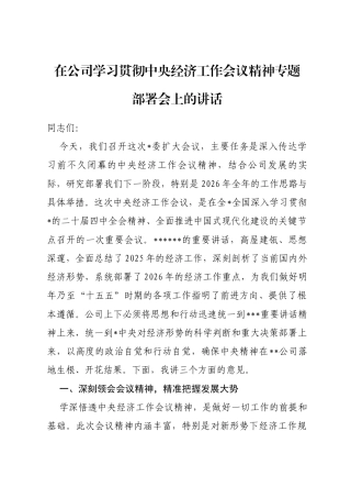 在公司学习贯彻中央经济工作会议精神专题部署会上的讲话