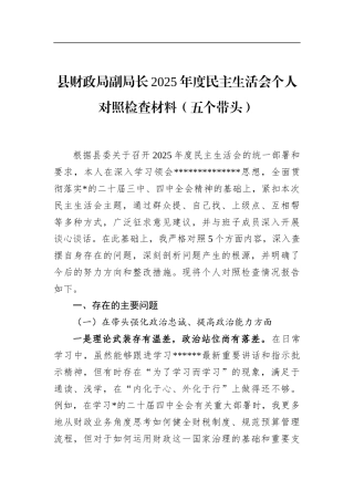 县财政局副局长2025年度民主生活会个人对照检查材料（五个带头）