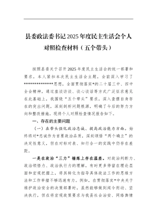 县委政法委书记2025年度民主生活会个人对照检查材料（五个带头）