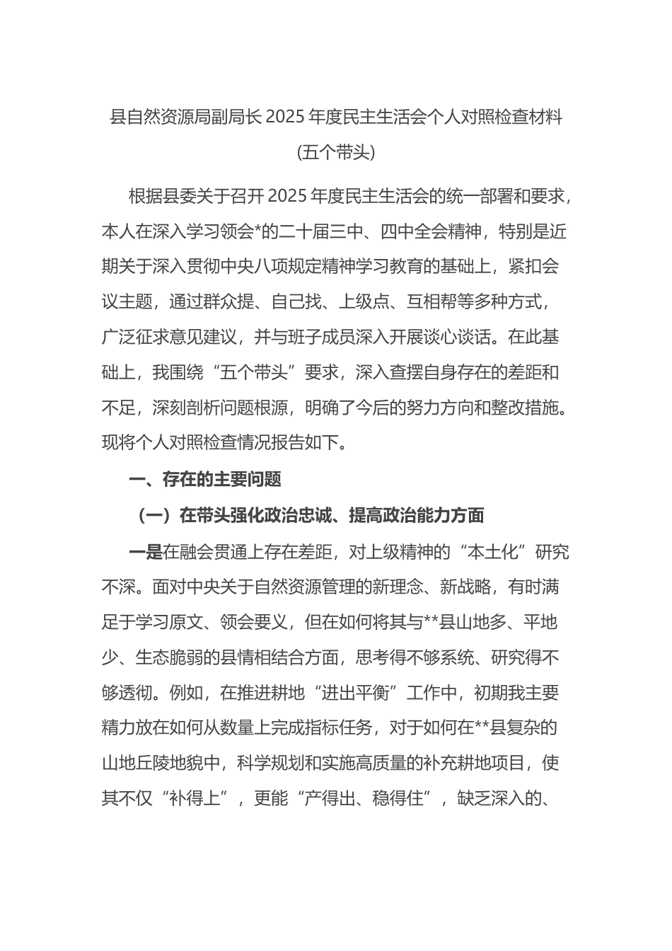 县自然资源局副局长2025年度民主生活会个人对照检查材料(五个带头)_第1页