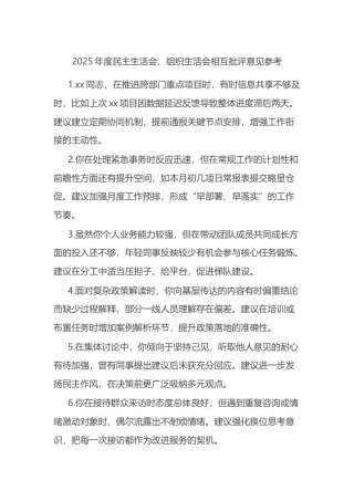 2025年度民主生活会、组织生活会相互批评意见参考