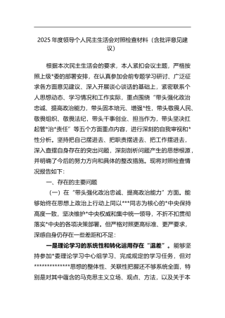 2025年度领导个人民主生活会对照检查材料（含批评意见建议）