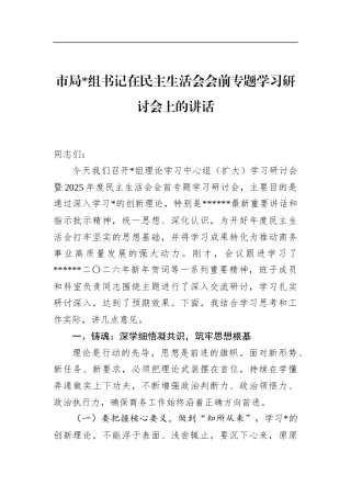 市局书记在民主生活会会前专题学习研讨会上的讲话