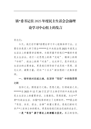 镇书记在2025年度民主生活会会前理论学习中心组上的发言