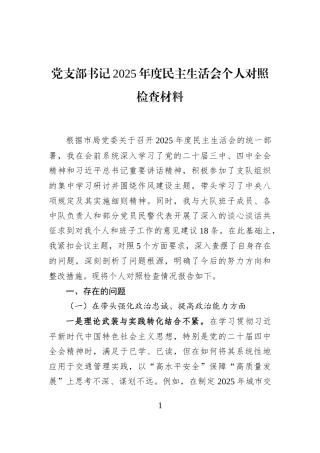 党支部书记2025年度民主生活会个人对照检查材料