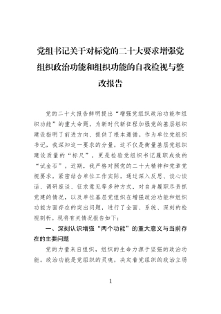 党组书记关于对标党的二十大要求增强党组织政治功能和组织功能的自我检视与整改报告